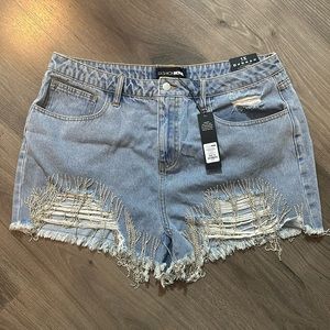 Fashion Nova High Waisted Denim Rhinestone Fringe Shorts